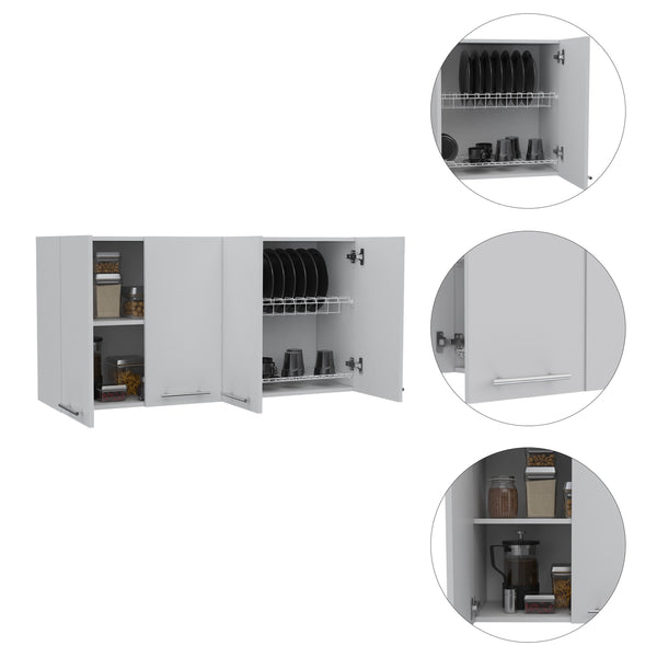 English Elm 120 Wall Cabinet with 4 Doors & Dual Compartments, Metal Dish Rack, Removable Shelves, Space-Saving Storage White 51.2 L x 17.3 W x 3.1 H B07091818