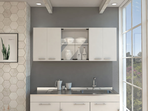 English Elm Superior sleek wall cabinet with glass doors, four adjustable interior shelves, sturdy particleboard storage solution White 68.9 L x 16.9 W x 6.7 H B07091984