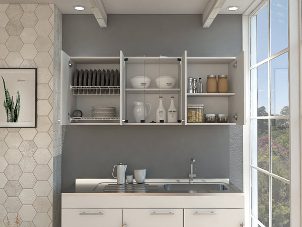 English Elm Superior Wall Cabinet With Glass Doors and Four Shelves, Built-In Dish Rack, Modern Metal Handles White 68.9 L x 16.9 W x 6.7 H B20091984