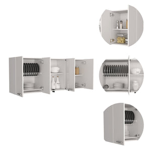 English Elm Superior Wall Cabinet With Glass Doors and Four Shelves, Built-In Dish Rack, Modern Metal Handles White 68.9 L x 16.9 W x 6.7 H B20091984