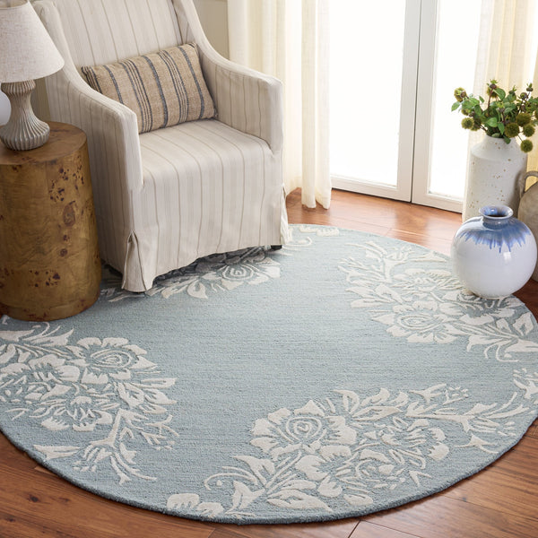 Safavieh Glamour Hand-Tufted Light Blue Ivory Rug With Country Floral Motif, Wool-Cotton Blend, Low Profile 4'-0" x 6'-0" GLM152M-4