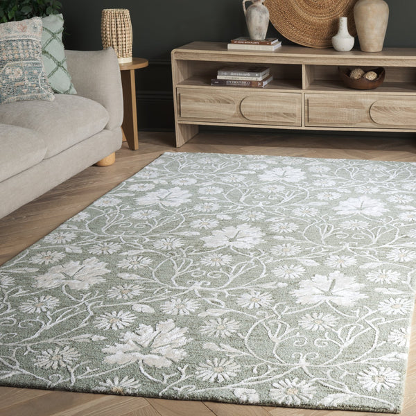 Safavieh Glamour Hand‑Tufted Floral Rug In Sage And Ivory — Soft Wool‑Viscose Blend, Low‑Profile Luxury For Living Rooms 8'-0" x 10'-0" GLM610W-8
