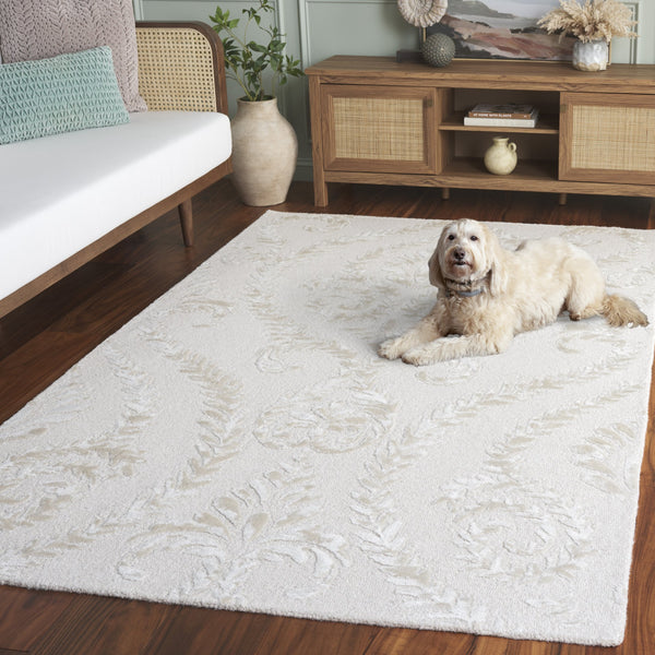Safavieh Glamour Hand-Tufted Beige Ivory Floral Damask Rug — Wool-Blend Low Pile Elegance For Living Rooms 4'-0" x 6'-0" GLM612B-4