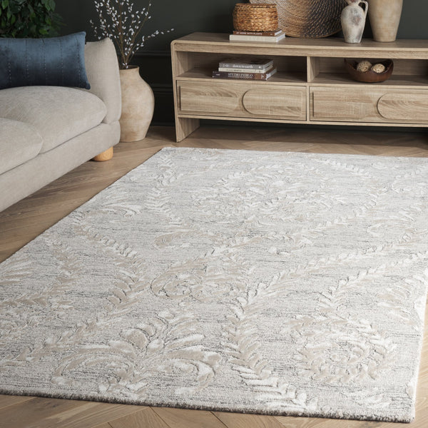 Safavieh Glamour Hand-Tufted Grey Beige Area Rug — Wool-Viscose-Cotton Blend, Low Pile Damask Elegance 4'-0" x 6'-0" GLM612F-4