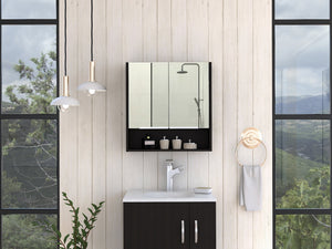 English Elm Jaspe Mirror Cabinet with 3 Internal Shelves and Open Shelf, Double Door Vanity Storage, Sleek Particleboard Design Black 28.3 L x 22.4 W x 5.5 H B20091914
