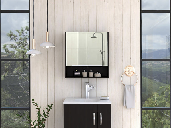 English Elm Jaspe Mirror Cabinet with 3 Internal Shelves and Open Shelf, Double Door Vanity Storage, Sleek Particleboard Design Black 28.3 L x 22.4 W x 5.5 H B20091914