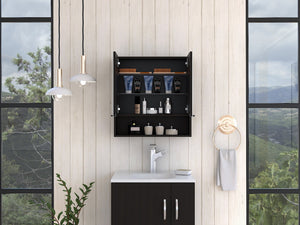 English Elm Jaspe Mirror Cabinet with 3 Internal Shelves and Open Shelf, Double Door Vanity Storage, Sleek Particleboard Design Black 28.3 L x 22.4 W x 5.5 H B20091914