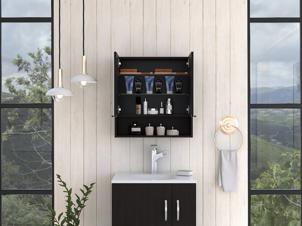 English Elm Jaspe Mirror Cabinet with 3 Internal Shelves and Open Shelf, Double Door Vanity Storage, Sleek Particleboard Design Black 28.3 L x 22.4 W x 5.5 H B20091914