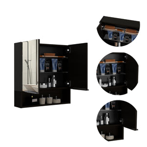 English Elm Jaspe Mirror Cabinet with 3 Internal Shelves and Open Shelf, Double Door Vanity Storage, Sleek Particleboard Design Black 28.3 L x 22.4 W x 5.5 H B20091914