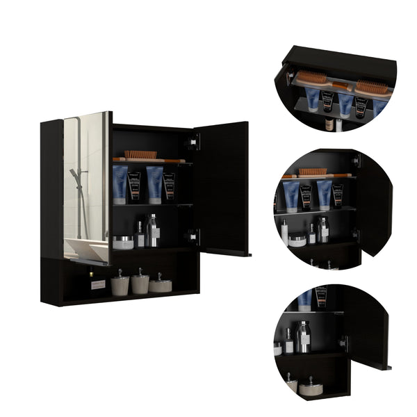 English Elm Jaspe Mirror Cabinet with 3 Internal Shelves and Open Shelf, Double Door Vanity Storage, Sleek Particleboard Design Black 28.3 L x 22.4 W x 5.5 H B20091914