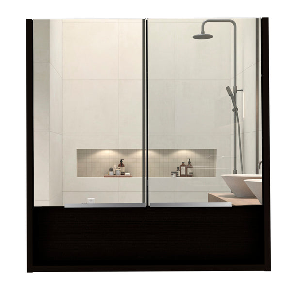 English Elm Jaspe Mirror Cabinet with 3 Internal Shelves and Open Shelf, Double Door Vanity Storage, Sleek Particleboard Design Black 28.3 L x 22.4 W x 5.5 H B20091914