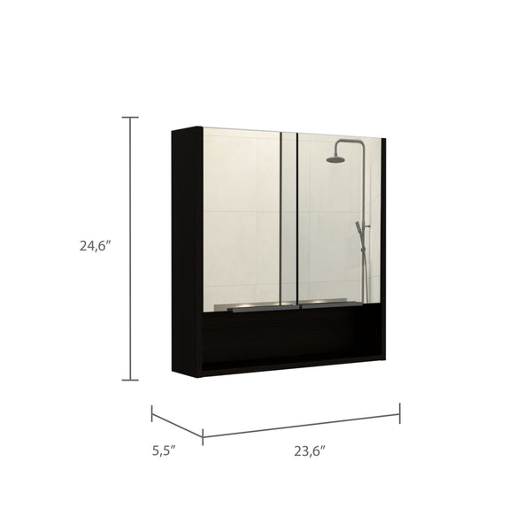 English Elm Jaspe Mirror Cabinet with 3 Internal Shelves and Open Shelf, Double Door Vanity Storage, Sleek Particleboard Design Black 28.3 L x 22.4 W x 5.5 H B20091914