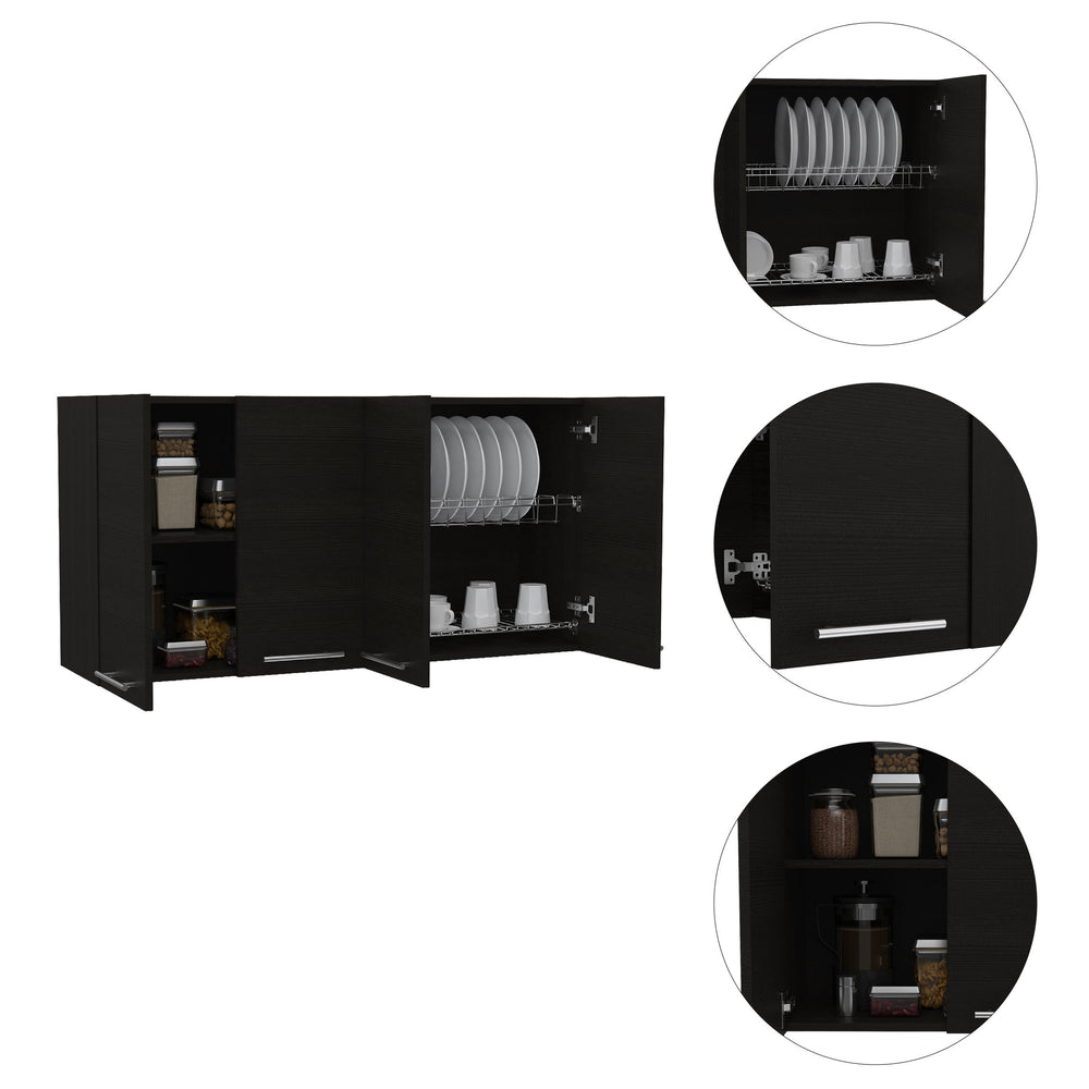 English Elm 120 Wall Cabinet with Four Doors and Dual Compartments, Removable Shelves, Dish Rack Storage Black 50.4 L x 16.9 W x 7.1 H B20091817
