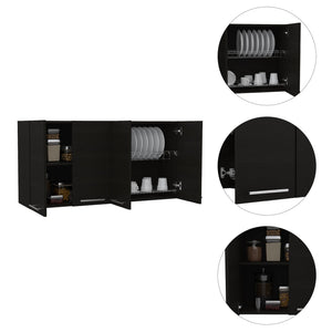 English Elm 120 Wall Cabinet with 4 Doors & Dual Compartments, Metal Dish Rack, Removable Shelves, Space-Saving Storage Black 50.4 L x 16.9 W x 7.1 H B07091817