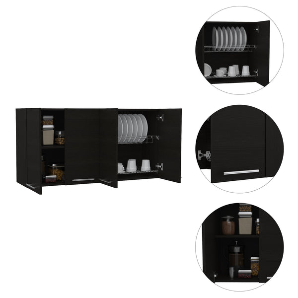 English Elm 120 Wall Cabinet with 4 Doors & Dual Compartments, Metal Dish Rack, Removable Shelves, Space-Saving Storage Black 50.4 L x 16.9 W x 7.1 H B07091817