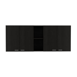 English Elm Portofino Wall Cabinet with Double Doors, Built-In Dish Rack, Metal Handles and Open Shelves Black 62.2 L x 18.5 W x 4.7 H B20091978