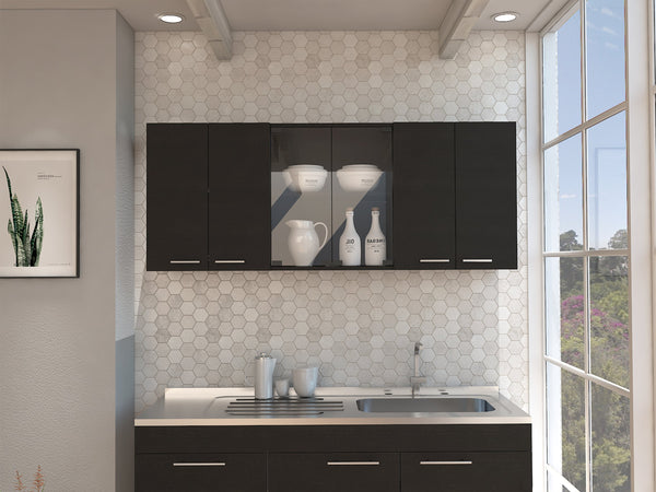 English Elm Superior Wall Cabinet With Glass Doors and Four Shelves, Built-In Dish Rack, Modern Metal Handles Black 68.9 L x 16.9 W x 6.7 H B20091983