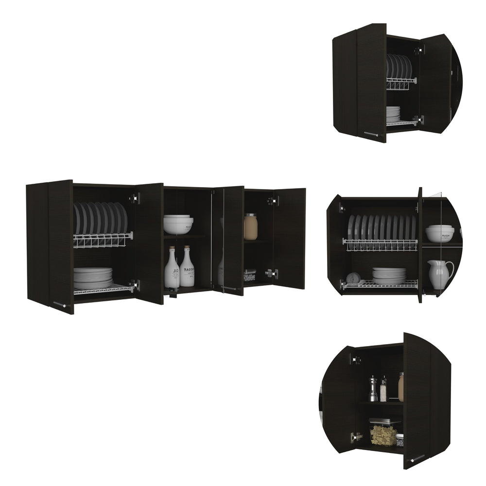 English Elm Superior Wall Cabinet With Glass Doors and Four Shelves, Built-In Dish Rack, Modern Metal Handles Black 68.9 L x 16.9 W x 6.7 H B20091983