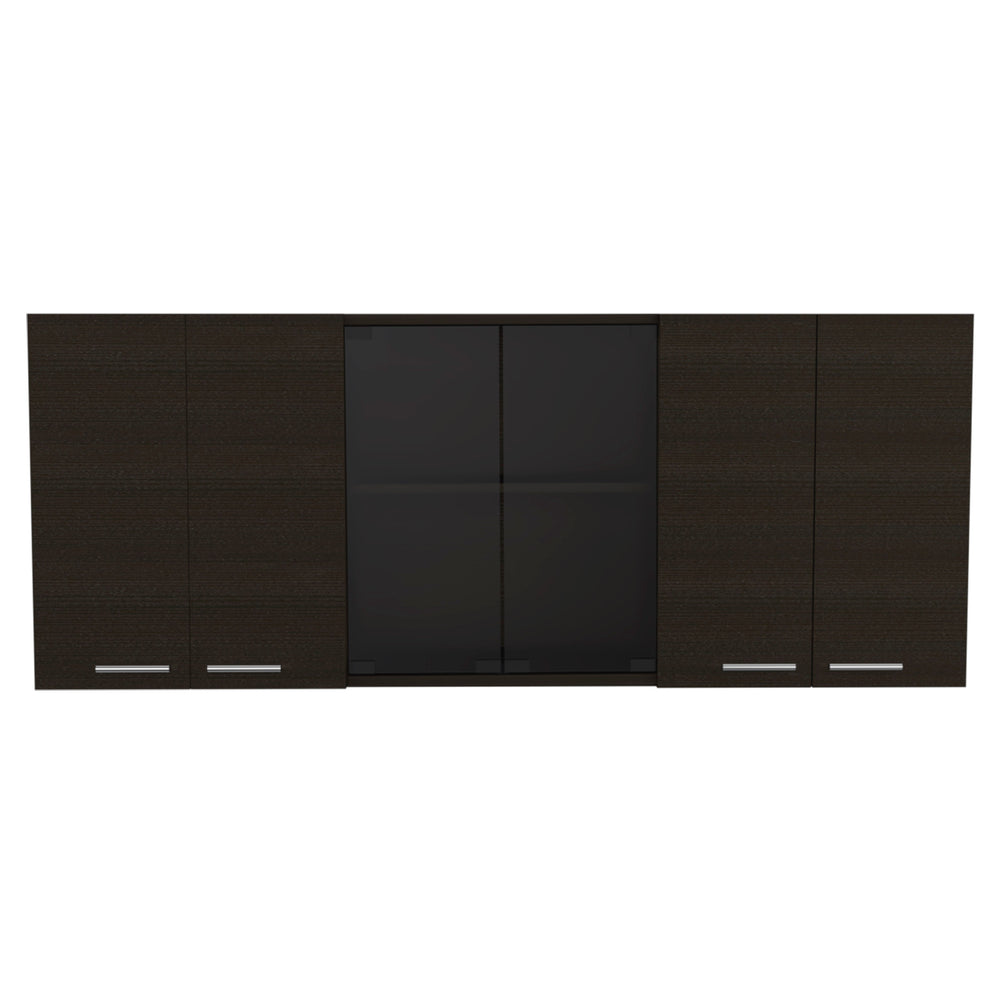 English Elm Superior Wall Cabinet With Glass Doors and Four Shelves, Built-In Dish Rack, Modern Metal Handles Black 68.9 L x 16.9 W x 6.7 H B20091983