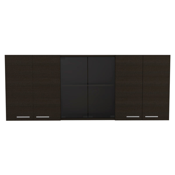 English Elm Superior Wall Cabinet With Glass Doors and Four Shelves, Built-In Dish Rack, Modern Metal Handles Black 68.9 L x 16.9 W x 6.7 H B20091983