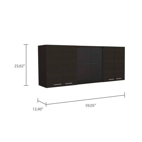 English Elm Superior Wall Cabinet With Glass Doors and Four Shelves, Built-In Dish Rack, Modern Metal Handles Black 68.9 L x 16.9 W x 6.7 H B20091983