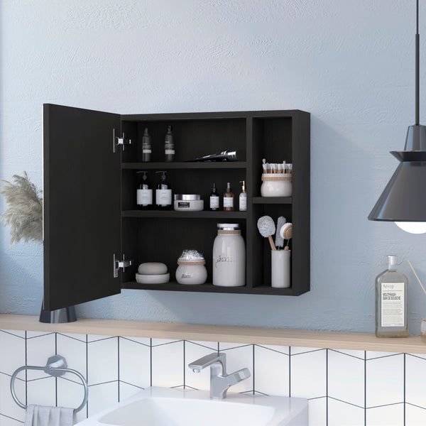 English Elm Oman Compact Medicine Cabinet with Mirror, Three Internal Shelves and Two External Storage Tiers Black 23.6 L x 19.7 W x 5.9 H B20092104