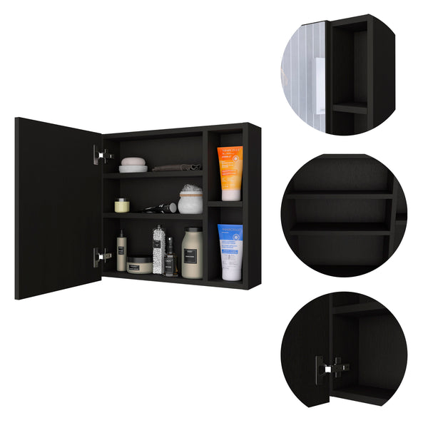 English Elm Oman Compact Medicine Cabinet with Mirror, Three Internal Shelves and Two External Storage Tiers Black 23.6 L x 19.7 W x 5.9 H B20092104