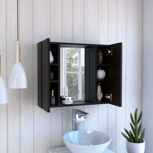 English Elm Medicine Double Door Cabinet with Mirror and External Shelf for Bathroom Storage, Sleek Durable Design Black 28.34 L x 26.77 W x 3.94 H B097133005