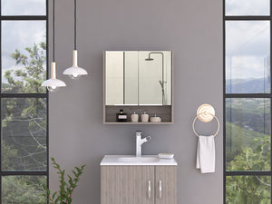 English Elm Jaspe Mirror Cabinet with 3 Internal Shelves and Open Shelf, Double Door Vanity Storage, Sleek Particleboard Design Beige 28.3 L x 22.4 W x 5.5 H B20091915