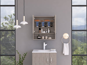 English Elm Jaspe Mirror Cabinet with 3 Internal Shelves and Open Shelf, Double Door Vanity Storage, Sleek Particleboard Design Beige 28.3 L x 22.4 W x 5.5 H B20091915