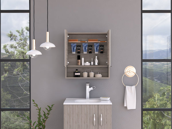 English Elm Jaspe Mirror Cabinet with 3 Internal Shelves and Open Shelf, Double Door Vanity Storage, Sleek Particleboard Design Beige 28.3 L x 22.4 W x 5.5 H B20091915