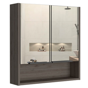 English Elm Jaspe Mirror Cabinet with 3 Internal Shelves and Open Shelf, Double Door Vanity Storage, Sleek Particleboard Design Beige 28.3 L x 22.4 W x 5.5 H B20091915