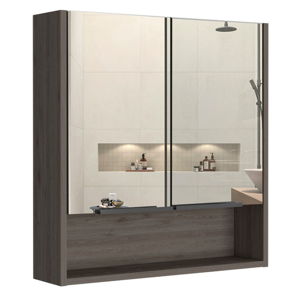 English Elm Jaspe Mirror Cabinet with 3 Internal Shelves and Open Shelf, Double Door Vanity Storage, Sleek Particleboard Design Beige 28.3 L x 22.4 W x 5.5 H B20091915