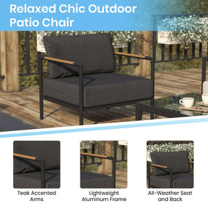 English Elm Lea Indoor/Outdoor Patio Chair - Stylish Aluminum Frame with Teak Arms and Comfortable Cushions Charcoal GM-201027-1S-CH-GG