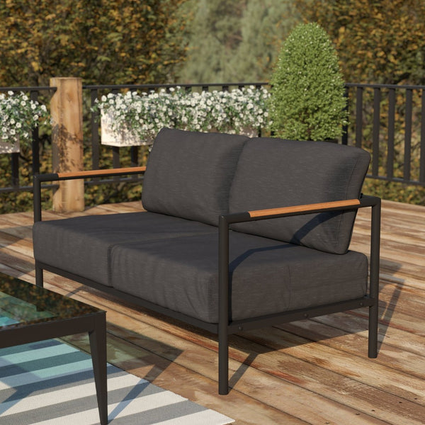 English Elm Lea Indoor/Outdoor Loveseat - Modern Aluminum Frame with Teak Accents and Comfortable Cushions Charcoal GM-201027-2S-CH-GG