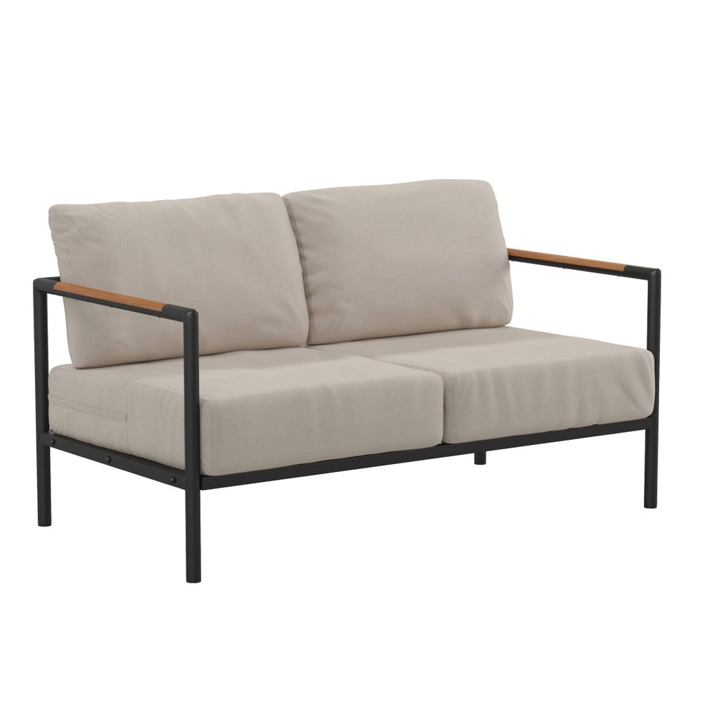 English Elm Lea Indoor/Outdoor Loveseat - Modern Aluminum Frame with Teak Accents and Comfortable Cushions Beige GM-201027-2S-GY-GG