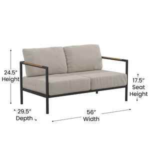 English Elm Lea Indoor/Outdoor Loveseat - Modern Aluminum Frame with Teak Accents and Comfortable Cushions Beige GM-201027-2S-GY-GG