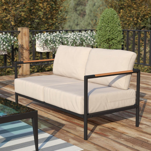 English Elm Lea Indoor/Outdoor Loveseat - Modern Aluminum Frame with Teak Accents and Comfortable Cushions Beige GM-201027-2S-GY-GG