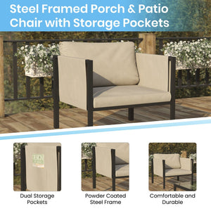 English Elm Lea Indoor/Outdoor Lounge Chair - Stylish Steel Frame with Cushions & Convenient Storage Pockets Beige GM-201108-1S-GY-GG