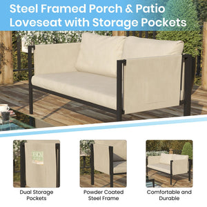 English Elm Lea Indoor/Outdoor Loveseat with Cushions - Stylish Steel Frame, Storage Pockets & Weather-Resistant Design GM-201108-2S-GY-GG