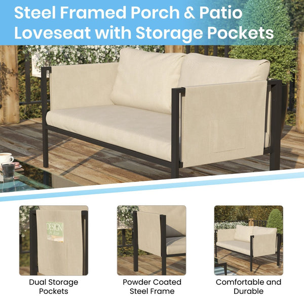 English Elm Lea Indoor/Outdoor Loveseat with Cushions - Stylish Steel Frame, Storage Pockets & Weather-Resistant Design GM-201108-2S-GY-GG