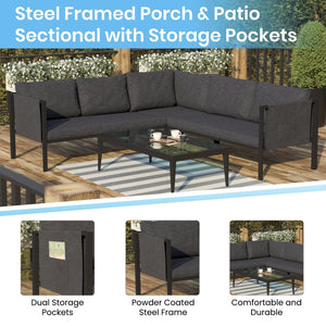 English Elm Lea Indoor/Outdoor Sectional Sofa - Modern 5-Seat Design with Storage Pockets for Stylish Comfort Charcoal GM-201108-SEC-CH-GG