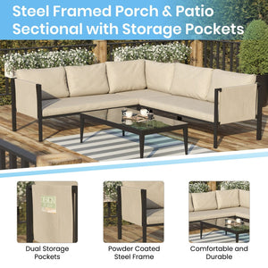 English Elm Lea Indoor/Outdoor Sectional Sofa - Modern 5-Seat Design with Storage Pockets for Stylish Comfort Beige GM-201108-SEC-GY-GG