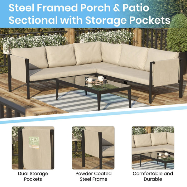 English Elm Lea Indoor/Outdoor Sectional Sofa - Modern 5-Seat Design with Storage Pockets for Stylish Comfort Beige GM-201108-SEC-GY-GG