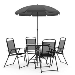 English Elm Nantucket 6 Piece Patio Garden Set with Umbrella Table and Folding Chairs for Outdoor Relaxation Black 31.25"W x 31.25"D x 28"H GM-202012-BK-GG