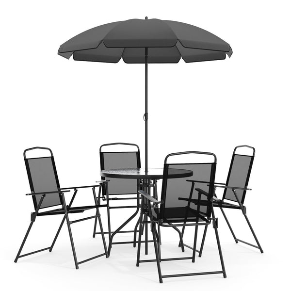 English Elm Nantucket 6 Piece Patio Garden Set with Umbrella Table and Folding Chairs for Outdoor Relaxation Black 31.25"W x 31.25"D x 28"H GM-202012-BK-GG