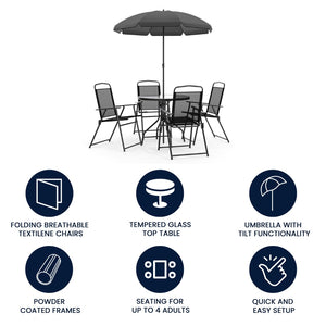 English Elm Nantucket 6 Piece Patio Garden Set with Umbrella Table and Folding Chairs for Outdoor Relaxation Black 31.25"W x 31.25"D x 28"H GM-202012-BK-GG