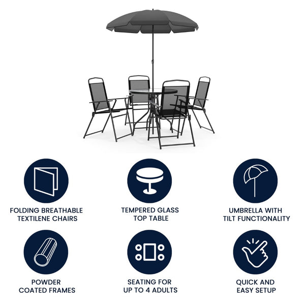 English Elm Nantucket 6 Piece Patio Garden Set with Umbrella Table and Folding Chairs for Outdoor Relaxation Black 31.25"W x 31.25"D x 28"H GM-202012-BK-GG