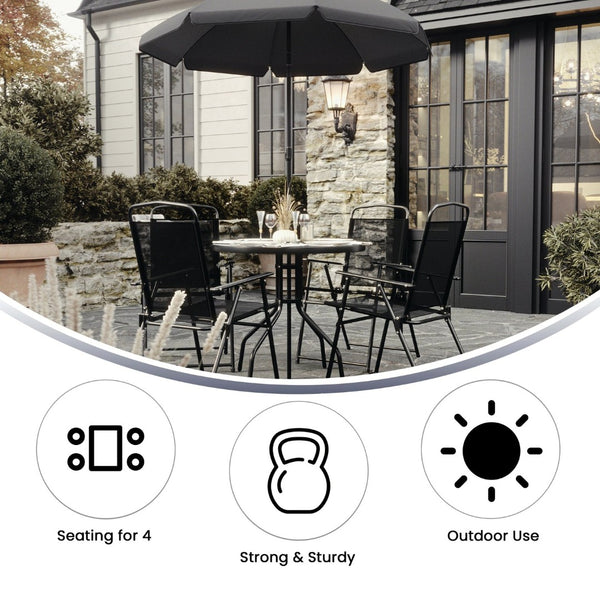English Elm Nantucket 6 Piece Patio Garden Set with Umbrella Table and Folding Chairs for Outdoor Relaxation Black 31.25"W x 31.25"D x 28"H GM-202012-BK-GG