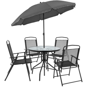 English Elm Nantucket 6 Piece Patio Garden Set with Umbrella Table and Folding Chairs for Outdoor Relaxation Black 31.25"W x 31.25"D x 28"H GM-202012-BK-GG